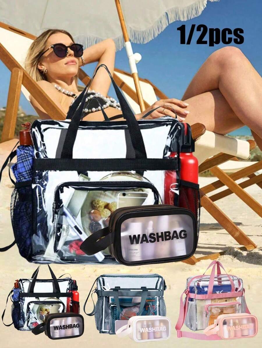 1/2pcs/Set Large Beach Transparent Iridescent Beach Bag, Tote Bag For Women , Waterproof Sandproof Beach Bag With Zipper Pouch Transparent Laser Pouchtote Bag, For Vacation, Holiday, Travel, Beach, Swimming, Pool, Cruise, Boat Bag,Birthday Gift, Party Gift