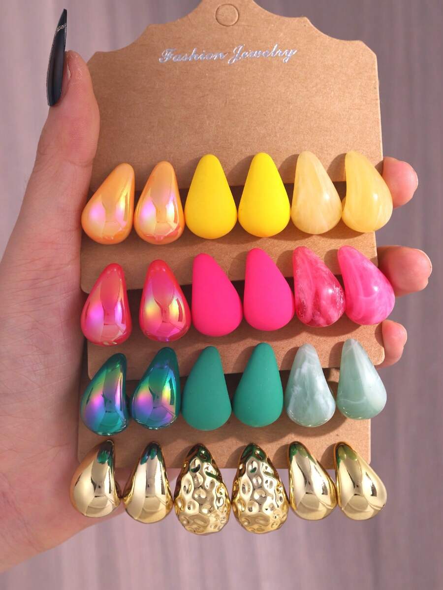 6pcs/Set Colorful Teardrop Earrings Set, Suitable For Women's Daily Wear, Great Gift For Mom Or Best Friend