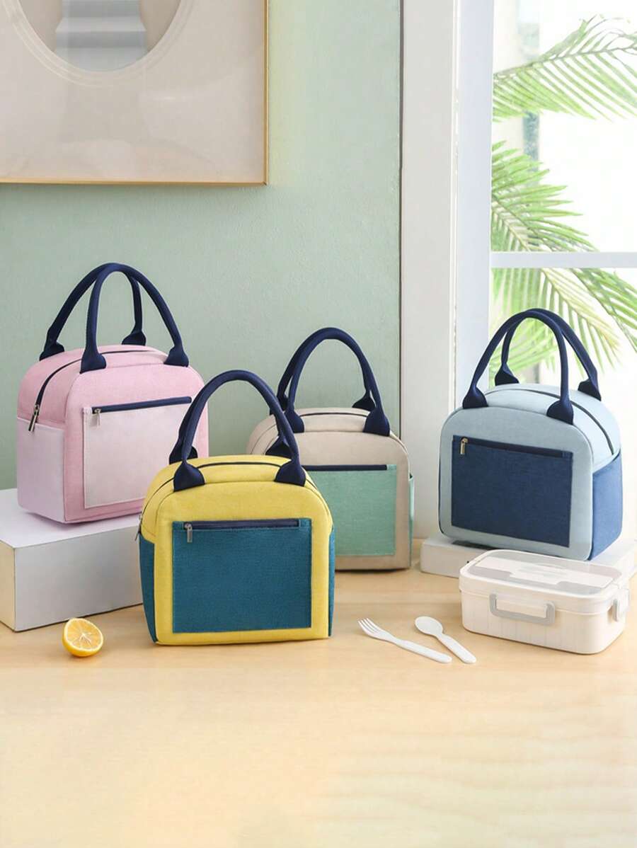 1 pieza Bolsa de almuerzo con capacidad grande y bloques de color para estudiantes - Diseño de tela Oxford portátil, revestimiento de aluminio grueso, fácil de llevar, mantiene la comida caliente y fría, adecuado para viajes al aire libre, estilos masculinos y femeninos, sin contacto con los alimentos, bolsa de almuerzo aislada, esencial para volver a la escuela