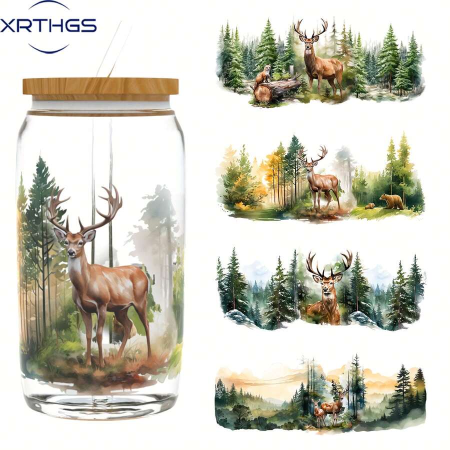 XRTHGS XRTHGS 4PCS/SET UV DTF Transfer Stickers Deer Style UV DTF Cup Wrap Suitable For Glasses, Notebooks, Computers, Tables And Chairs, Etc. For DIY Creativity, High Viscosity UV DTF Cup Sticker(Glass Not Included)