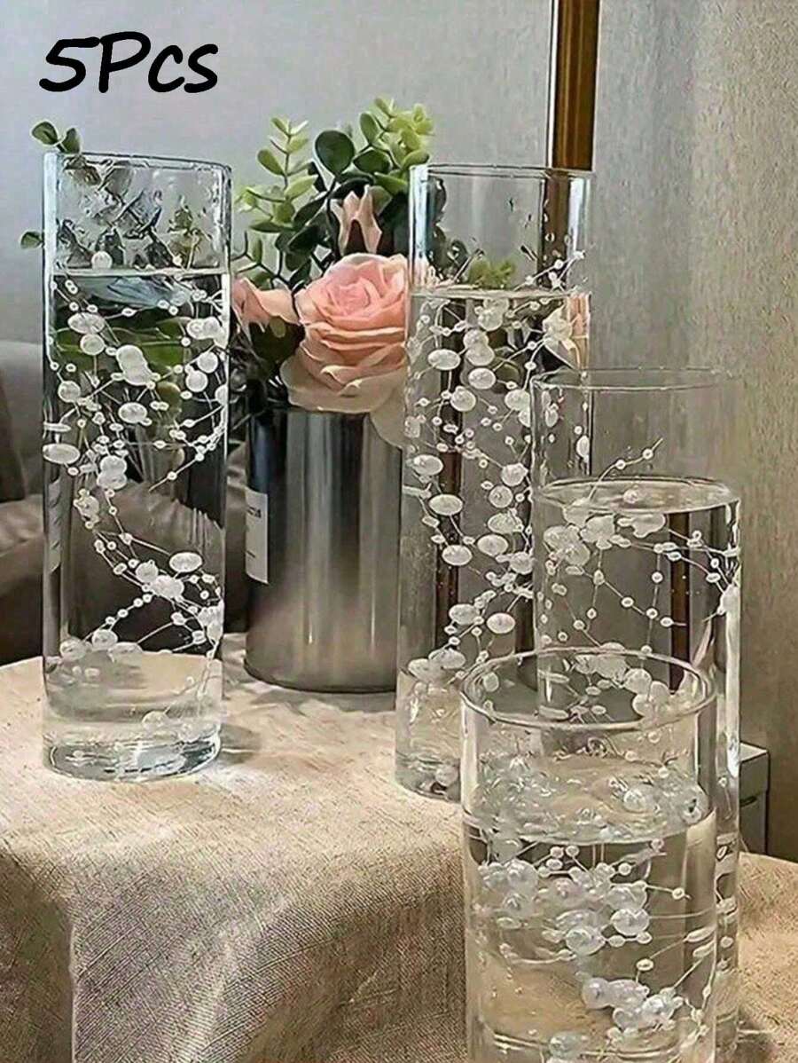 5pcs Floating Candle Vase Filler 1.4m Pearl Garland Wedding Table Decorations, Faux Pearl Beaded Plastic Chain Party Decorations, Home Decor Props Gift Birthday Graduation