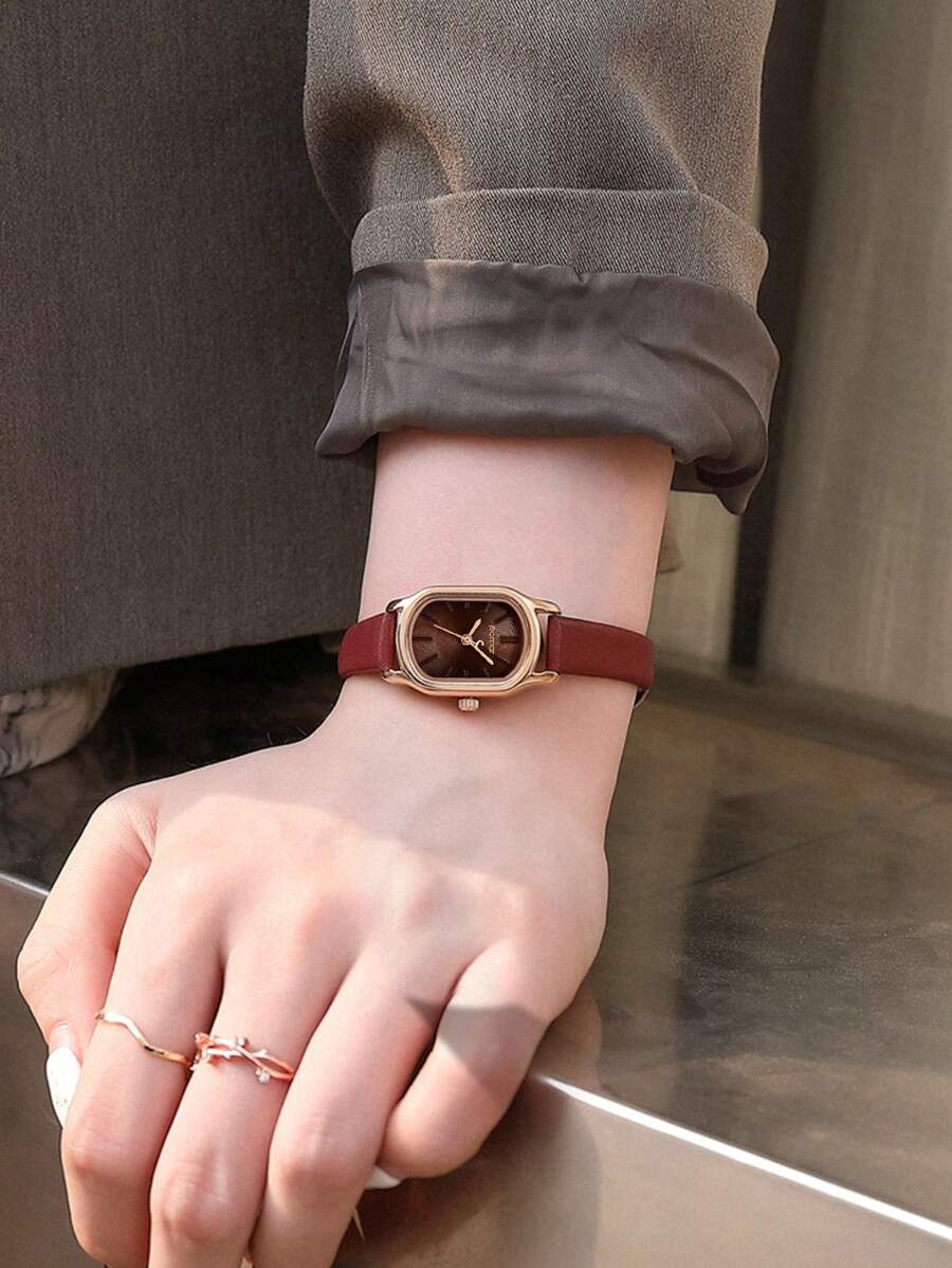 POMAR 1 Pc Women's Rose Gold Stainless Steel Case Quartz Watch, Wine Red Leather Strap, 30 Meter Waterproof, Elegant, Suitable For Daily Life, Work, Parties, Birthdays - An Excellent Gift Choice For Women