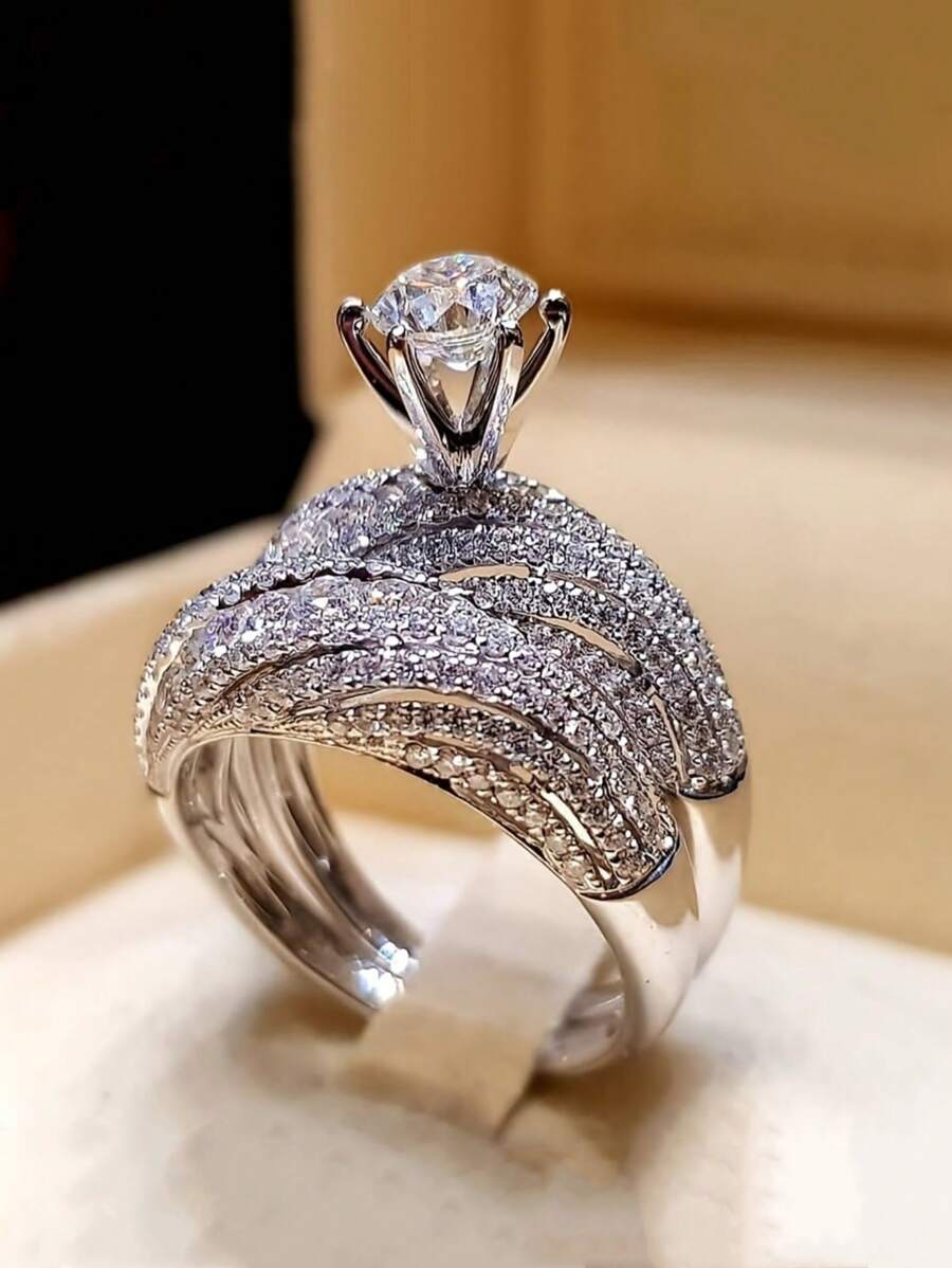 2pcs Luxury & Elegant Women's Sparkly Ring Set - Geometric Wedding Engagement Party Jewelry Accessory - Size 6-11