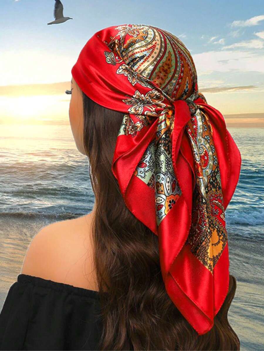 1 pezzo Lussuoso foulard quadrato oversize con protezione solare, 90cm, sciarpa da collo con stampa di moda, versatile per tutte le stagioni