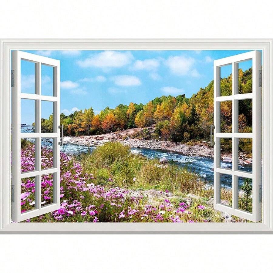 Window Wall Mural Sticker -Grassland, Snowy Mountains, Blue And White CloudsFaux Window Wall Mural Wall Decal, Stick And Peel Wall Decor,50x35