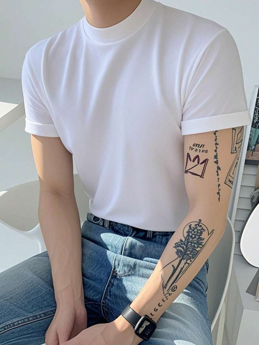 Camiseta de manga corta con cuello medio de tortuga para hombre, adecuada para uso casual al aire libre en verano