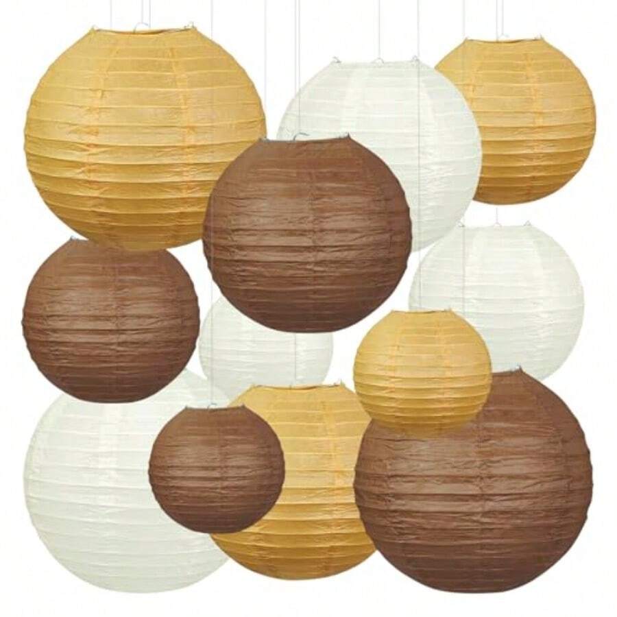 12Pcs Western Party Drations Assorted Sizes 6 8 10 12 Hanging Earth Tones Brown Paper Lanterns For Home Neutral Shower Bridal Shower Wedding Wild West Party Dr-0028