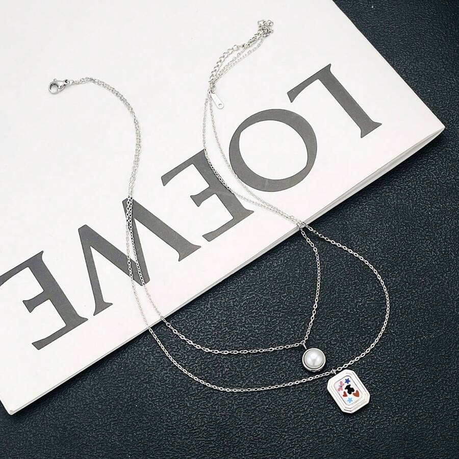 New Fashionable Minimalist Versatile Delicate Luxury Faux Pearl Double Layer Stainless Steel Women Pendant Necklace, Suitable For Daily Wear And Gift, Fade-Resistant And Non-Allergic