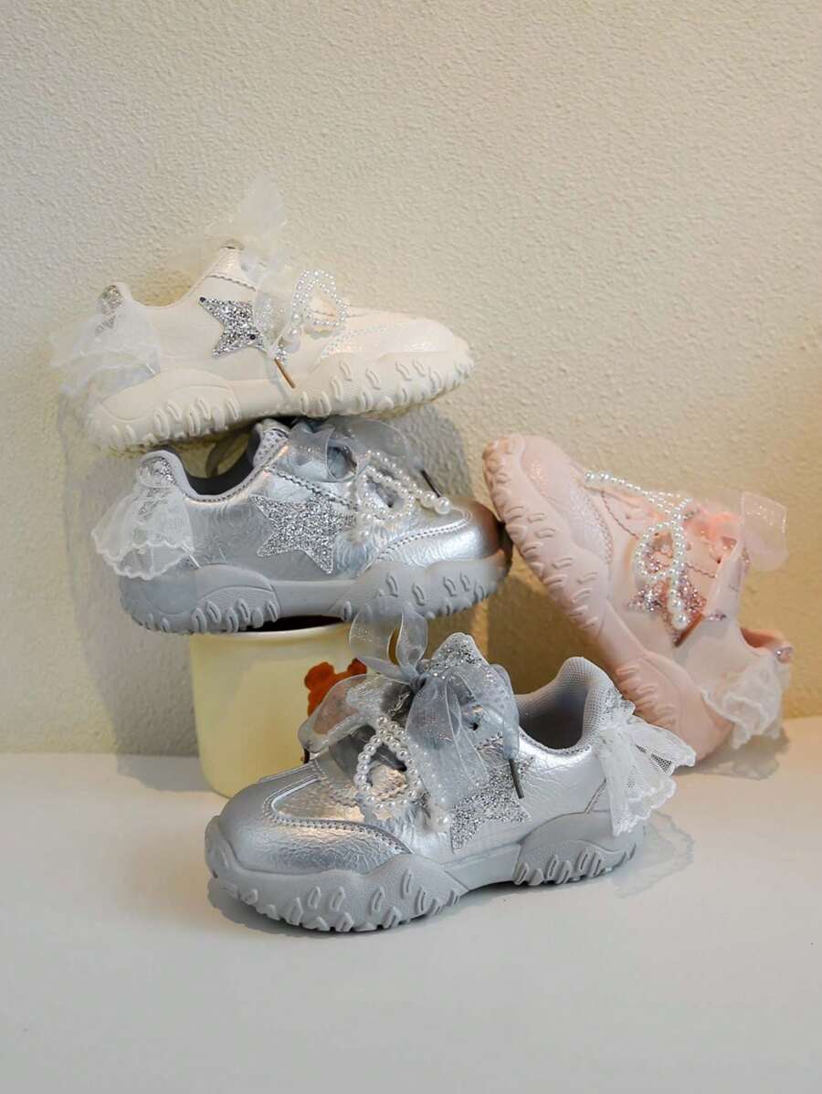 1 Par de Sapatos Esportivos para Meninas com Sola Macia, Antiderrapante, Perolizado, Estampa de Estrela, Sapatos Esportivos Fofos e de Moda para Uso Externo, Adequados para Todas as Estações