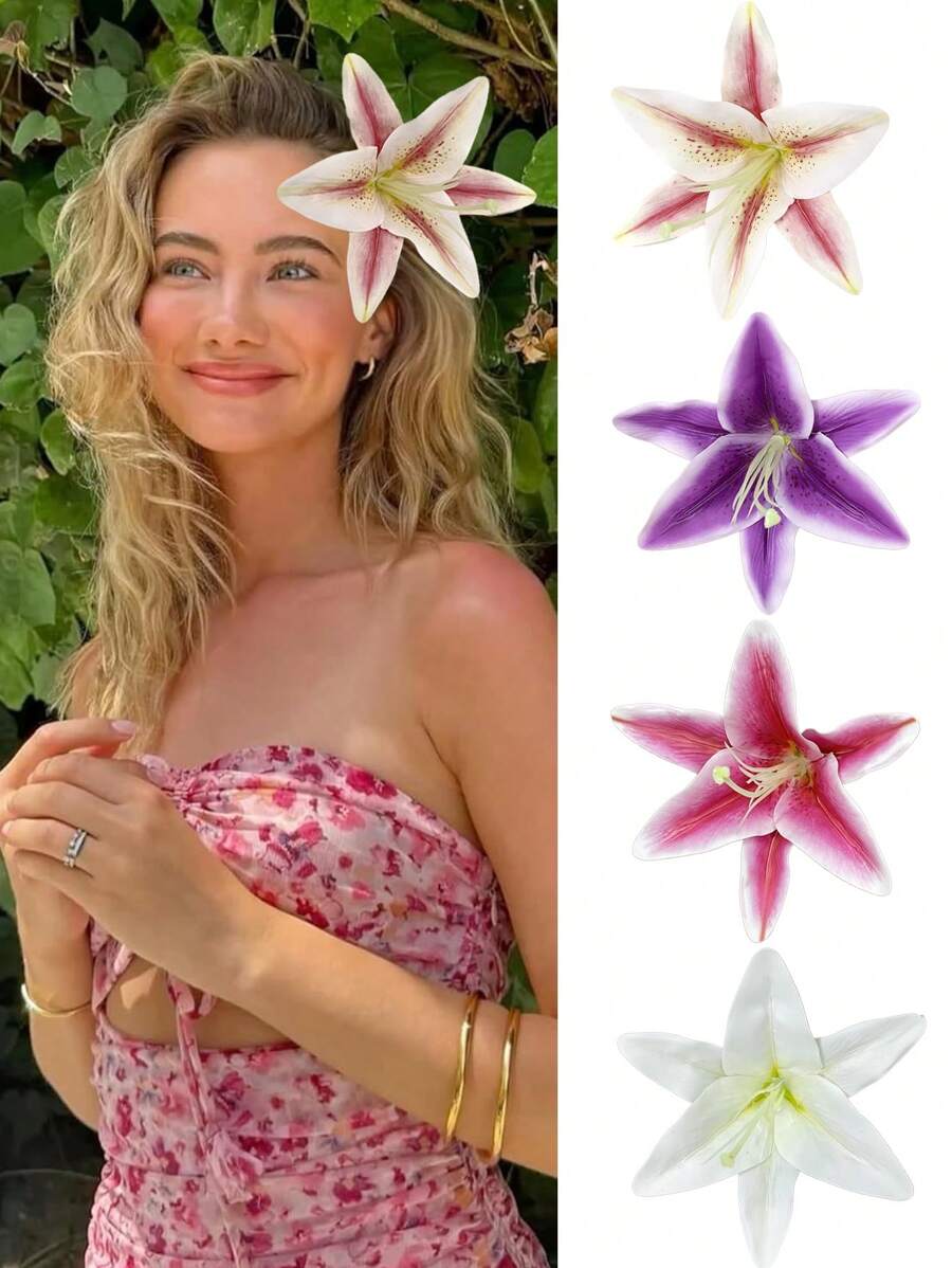 4 Stück Lilien Blumen Haarclips, Hawaii Blumen Haarclips für Frauen, Plumeria Hibiskus Haarclips, Rose Haarspangen, künstliche Blumen Clips, Haaraccessoires für Urlaub, Strandparty, Boho Clips für Mädchen, Haarklammern, Haarspangen