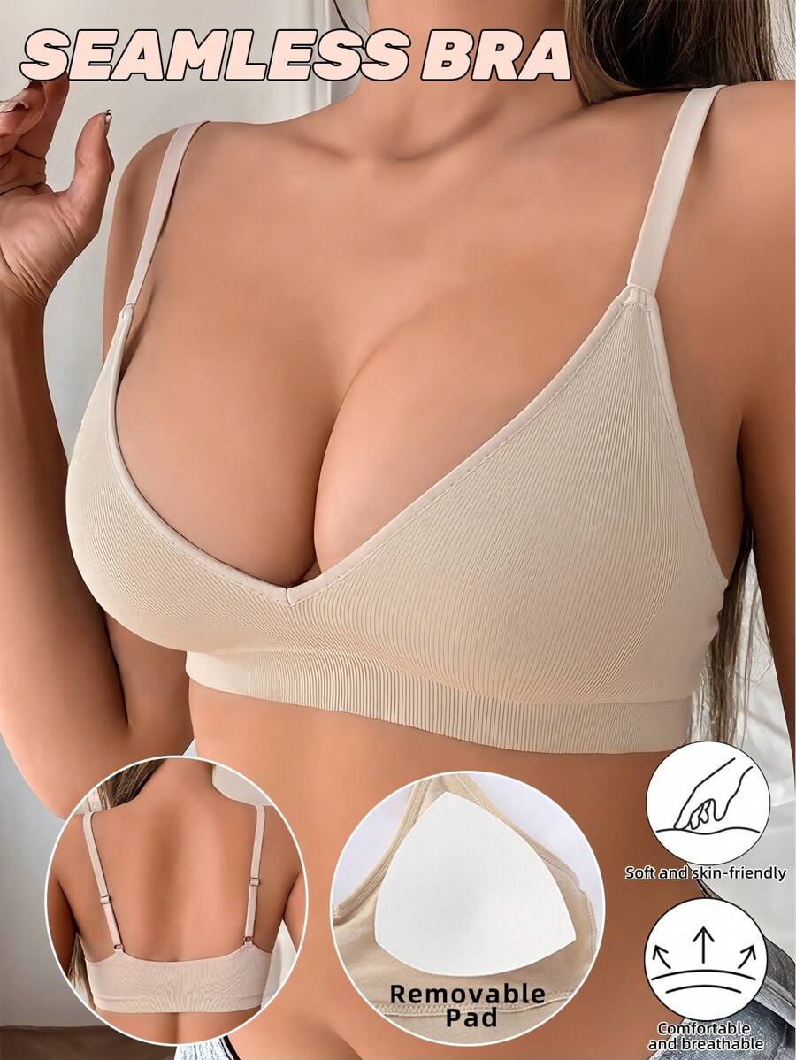 Sujetador sin costuras con efecto push-up para mujeres, sujetador deportivo inalámbrico de espalda sexy, sujetador de punto acanalado acolchado, ropa interior sólida con tirantes ajustables, sujetador básico y cómodo y transpirable