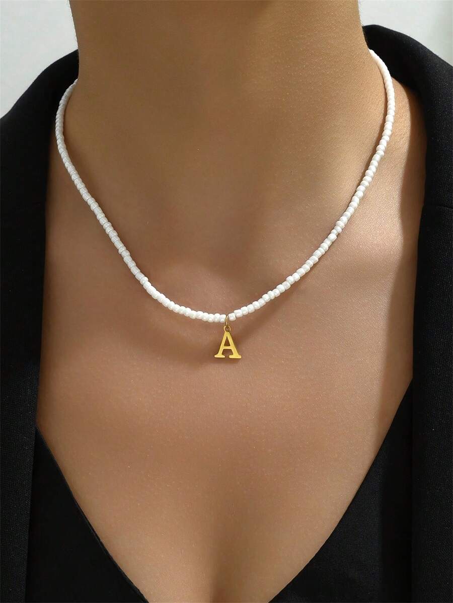 1 Alphabet Pendant Necklace With 26 Letters; White Beads Vacation Style Necklace