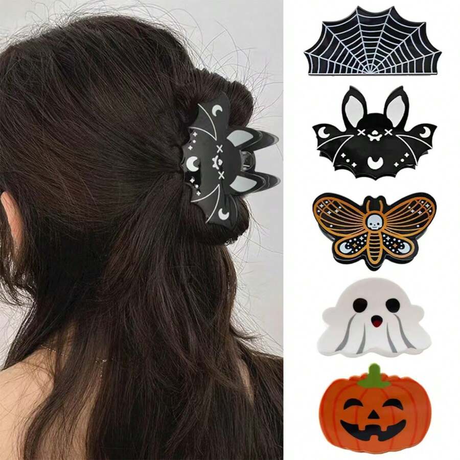 1/2/5pcs Halloween Hair Clips, Suitable For Women & Girls, Pumpkin, Spider Web, Bat, Acrylic Clips, Banana Clips, Non-Slip Halloween Hair Accessories
