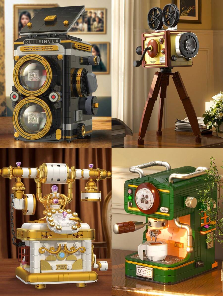 A Collection Of Adult Building Blocks: Vintage Cameras, Coffee Makers, Projectors, Phones - Perfect For Home Decor And Gifts! Step Into A World Of Creativity And Nostalgia With Our Unique Collection Of Adult Building Blocks. From Vintage Cameras To Coffee Makers, Each Carefully D