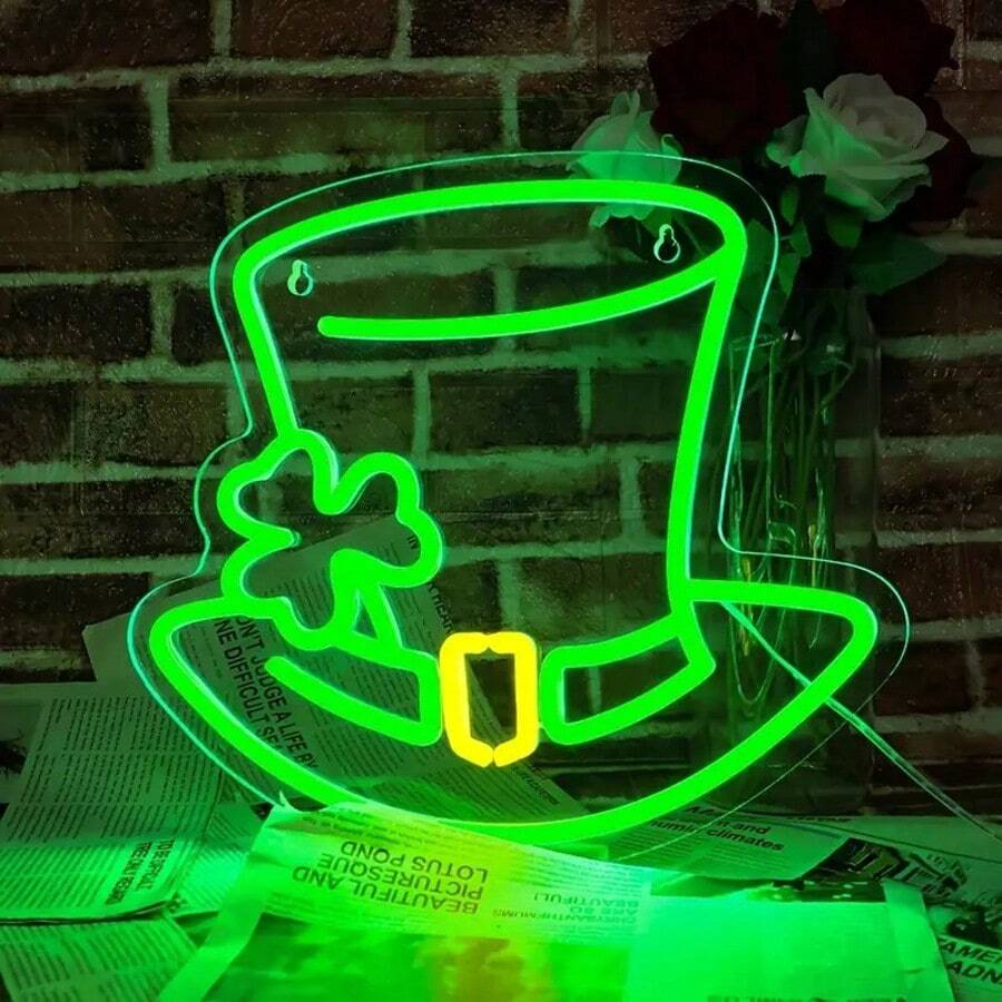 A St. Patrick'S Day Neon Sign Decoration Featuring A Dimmable Hat, Perfect For Wall Decor, Showcasing A Lucky Clover Hat For Spring Parties, Bars, LED Lights For Home, Garden, And Bedroom Gifts.