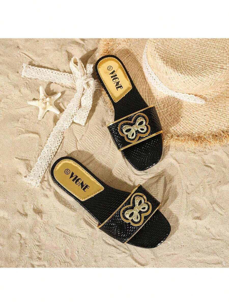 2024 Fashionably Vibrant Slides: Stylish Outdoor Sandals With Soft Non-Slip Soles And Dazzling Metallic Buckle. Fashion Wild Python Print, Personalized Stylish Slippers For Outdoor Wear