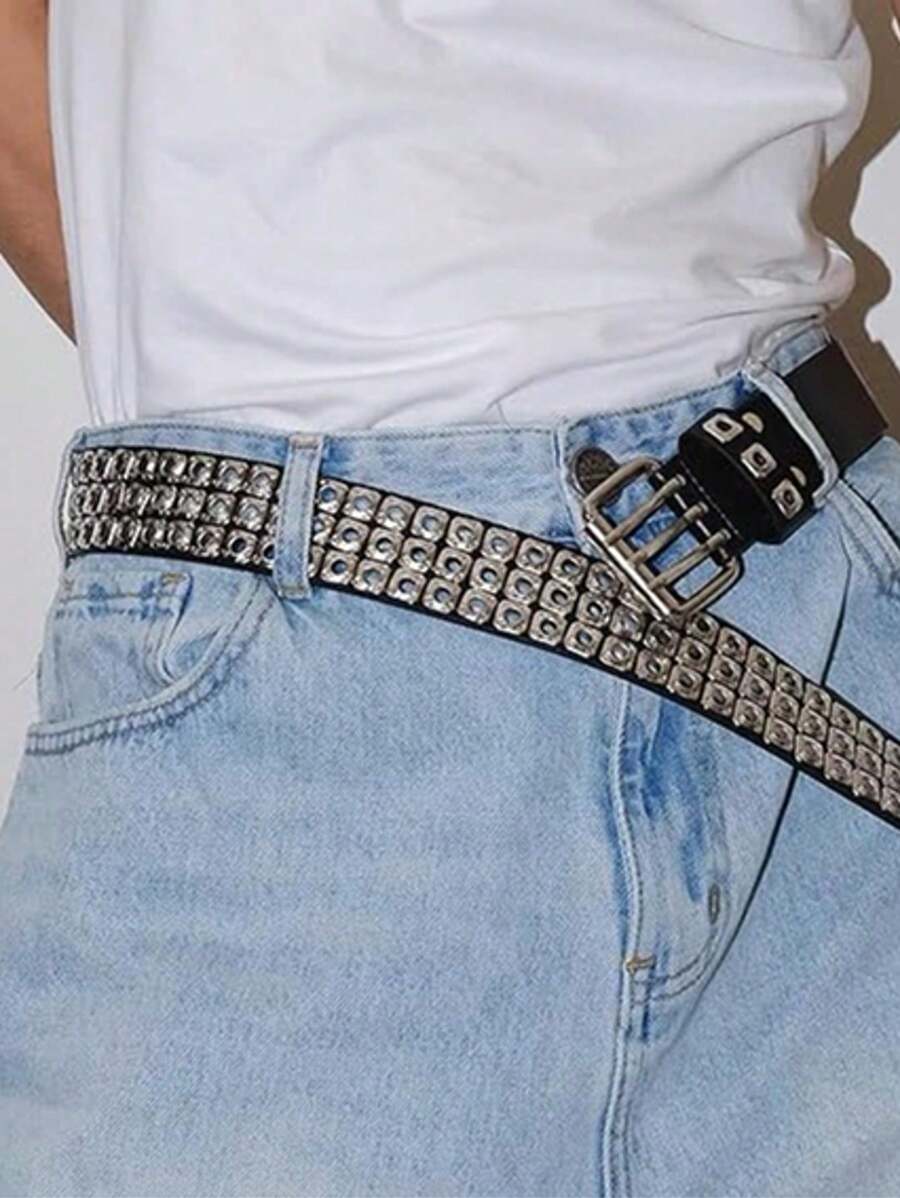 Herren Große Größen Gothic Dark Western 3-Reihen Nieten Kunstleder Gürtel, Punk Y2K quadratische Nieten Hohldesign, Party Abschlussball Accessoire, Heiß!