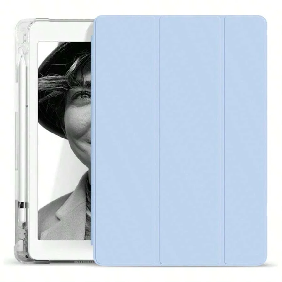 TenYide Silikon Klar iPad Hülle mit dreifach faltbarem Tablet Cover, Stifthalter, transparente Rückschale, schlankem Ständer, stoßfest, gegen Stürze - Eisblau