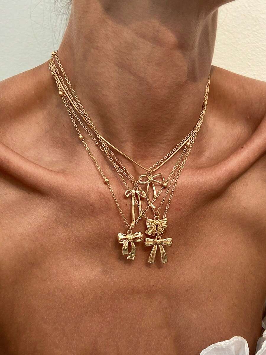 HOTNICE 5 Pieces Of Retro Elegant Bow Pendant Necklace Set, Exaggerated Personalized Hip-Hop Sweet Layered Necklace, Suitable For Women's Holiday Date Party Casual Wear