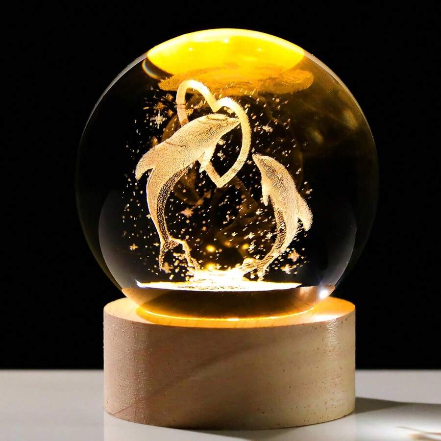 Dolphin Gifts For Women Men 3D Dolphin Crystal Ball With Wooden Light Base Crystal Dolphin Decor Dolphin Gifts For Dolphin Lovers For Christmas Valentine's Day Birthday