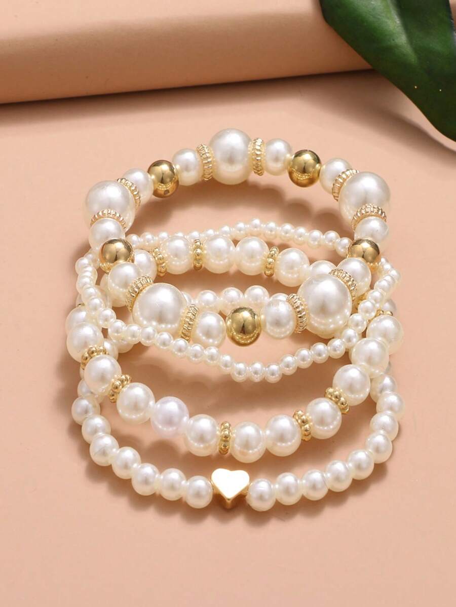 Set de 4 piezas de joyería con pulsera de cuentas y colgante con forma de corazón de perlas falsas, adecuado para niños, niñas, uso diario, festivales y fiestas