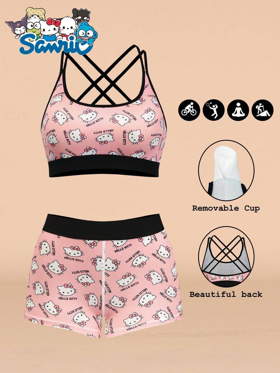 Sanrio 1 Set Sanrio Hello Kitty Printed Cross Back Camisole, 2-In-1 With Built-In Cup Holder, Versatile Casual Inner/Outer Wear, Fitted Sports & Yoga Outfit, Suitable For Spring, Summer, Autumn & Winter