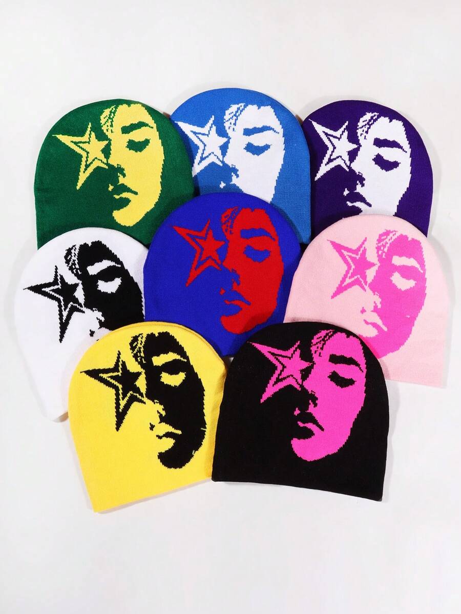 1pc Face Pattern Intarsia Knit Beanie Hat, Fashionable Y2K Vibe, Warm And Windproof