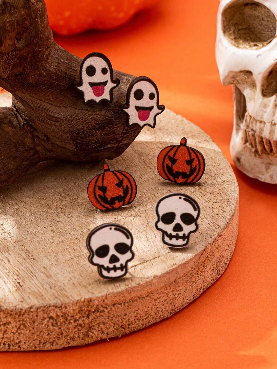 6 Peças Brincos de Pressão com Desenho de Fantasma, Caveira e Abóbora de Moda para Halloween para Mulheres