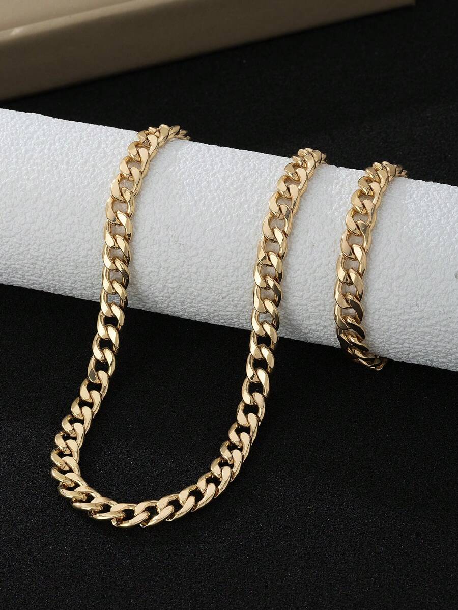 2 Stücke goldfarbenes Klobiges Metallkettenglieder Halsketten- und Armband Set, polierte Oberfläche, stilvolles minimalistisches Design, geeignet für Herren Freizeitkleidung oder als Geschenk