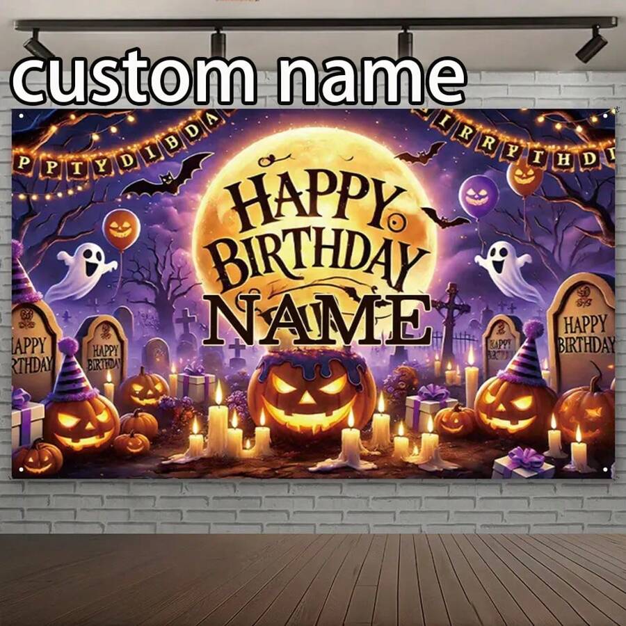 1 Striscione personalizzabile con nome per festa di Ognissanti, sfondo fotografico per festa di compleanno di Ognissanti, striscione con testo personalizzato, decorazione da tavolo per torta, da parete domestica o all'esterno