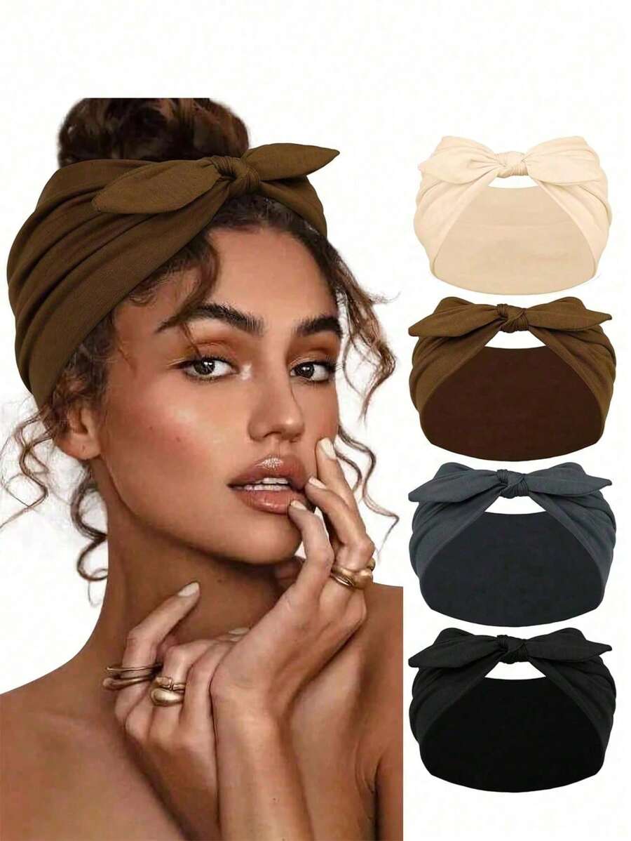 2 pièces/4 pièces Serre-têtes larges noirs en forme de nœud pour femmes, bandeaux anti-dérapants pour yoga/entraînement, accessoires capillaires en fibre de polyester, bandeau turban, tour de tête absorbant la sueur