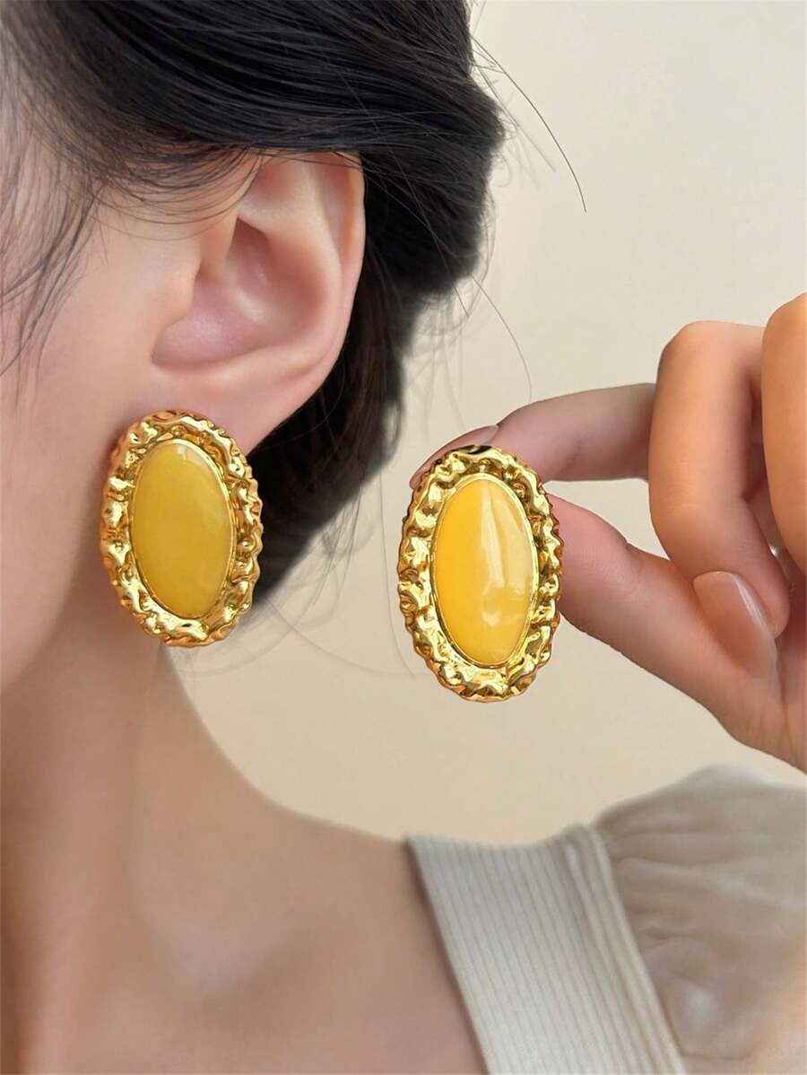 1 par de aretes de mujer con diseño geométrico ovalado de esmalte amarillo, pendientes minimalistas y elegantes para fiesta, boda, banquete, viaje, regalo de joyería