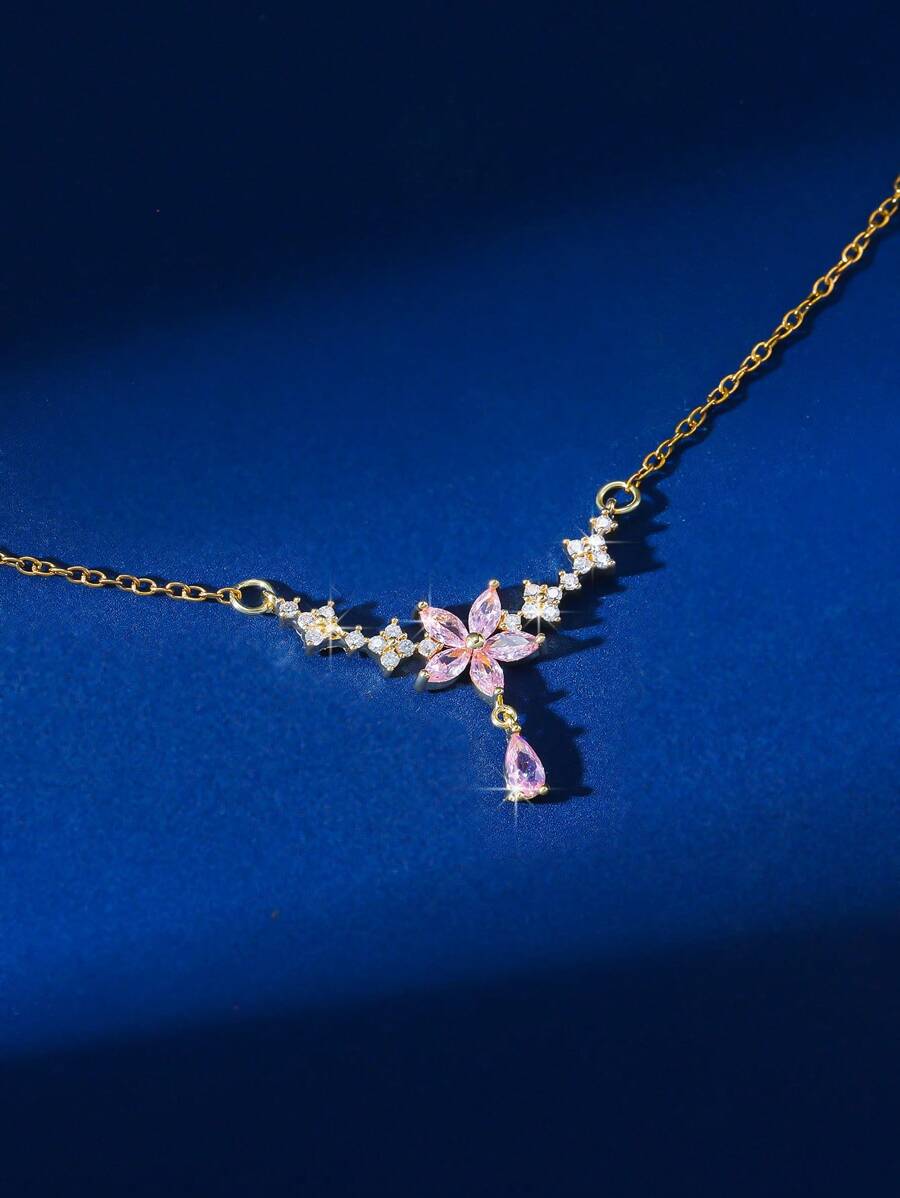 1pc Elegant Copper-Inlaid Zirconia Teardrop & Flower Pendant Necklace, Fashionable & Versatile Choker Necklace, Great Gift For Friends