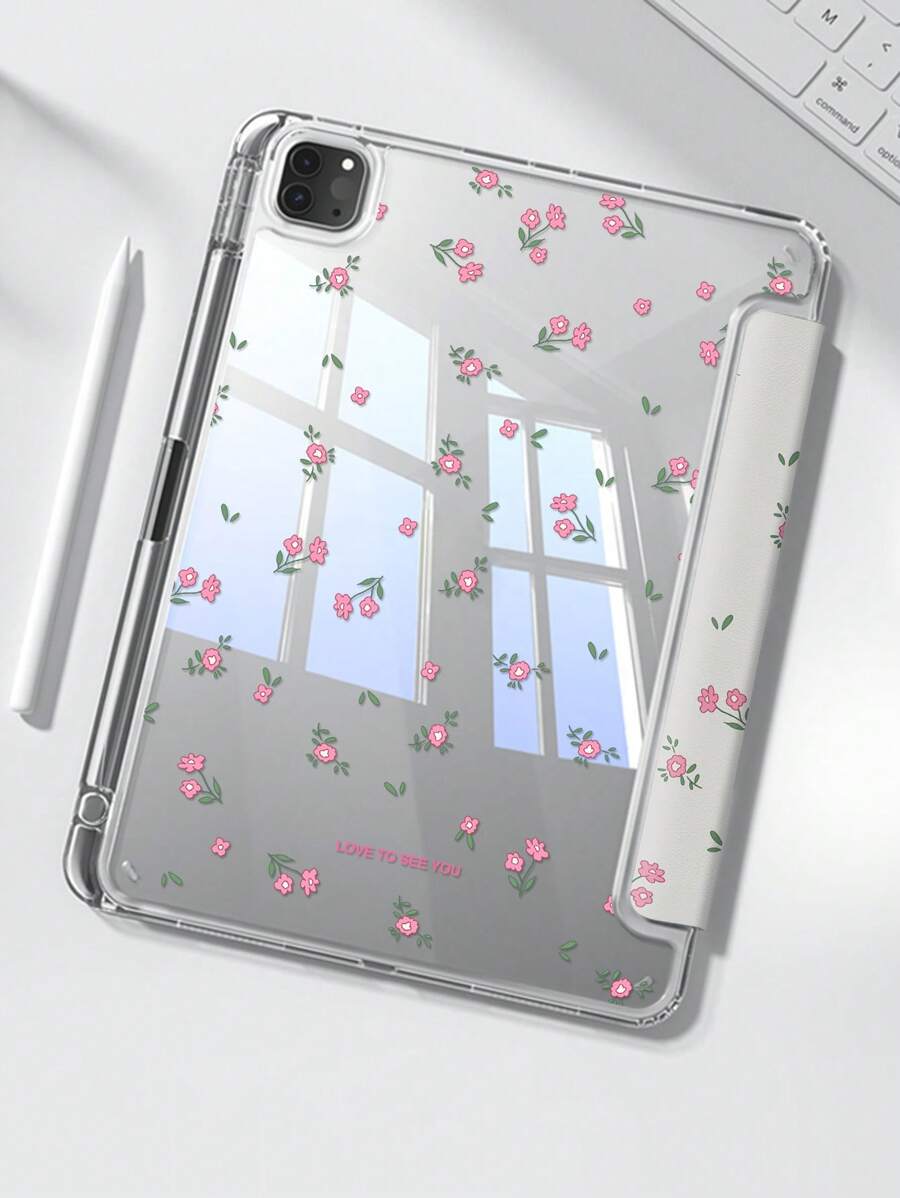 A Beautiful Cartoon Pink Letter Flower Small Floral Pattern Double-Sided Painted Acrylic Transparent Crystal Back Plate Shockproof Support Sleep Wake-Up Tablet Case,Pad Case Compatible With Ipadtablet Case,Pad Case Compatible With The Ipad Is Compatible With The 10th Generation, The 10.2-Inch IPad 7th/8th/9th, And The 10.9-Inch Air 4th/5th. It Can Hold A Stylus As A Holiday Gift