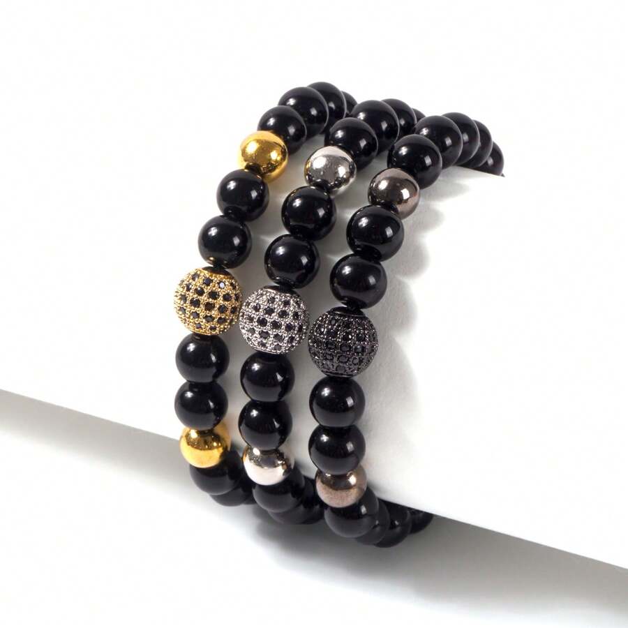1pc Adjustable Size Micro-Inlaid Copper 10mm Ball Bracelet, Black Color Unisex Couple Bracelet