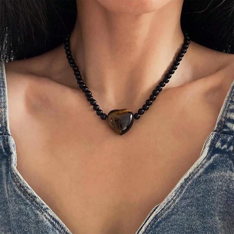 1 pieza de collar con cuentas de ágata negra y colgante de ojo de tigre con forma de corazón, collar de cuentas de ágata negra, collar diario de estilo bohemio