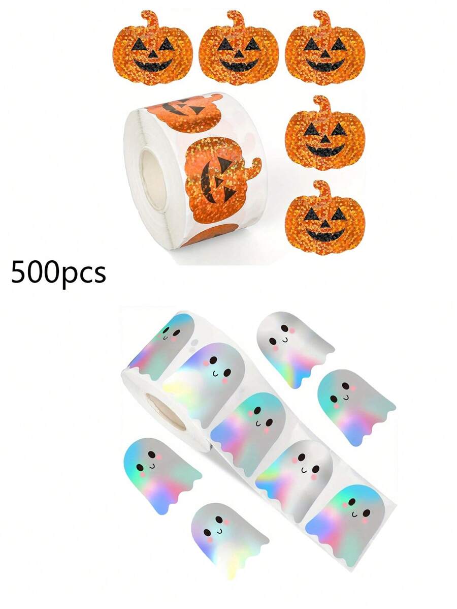500pcs Cute Boo Ghost,Pumpkin, Stickers Roll - Holographic Waterproof Self-Adhesive Decals For Halloween, Envelopes, Journals & Party Decorations, Assorted Colors, Halloween Decorations, Playful Design, Waterproof Decals,Two Styles To Choose From