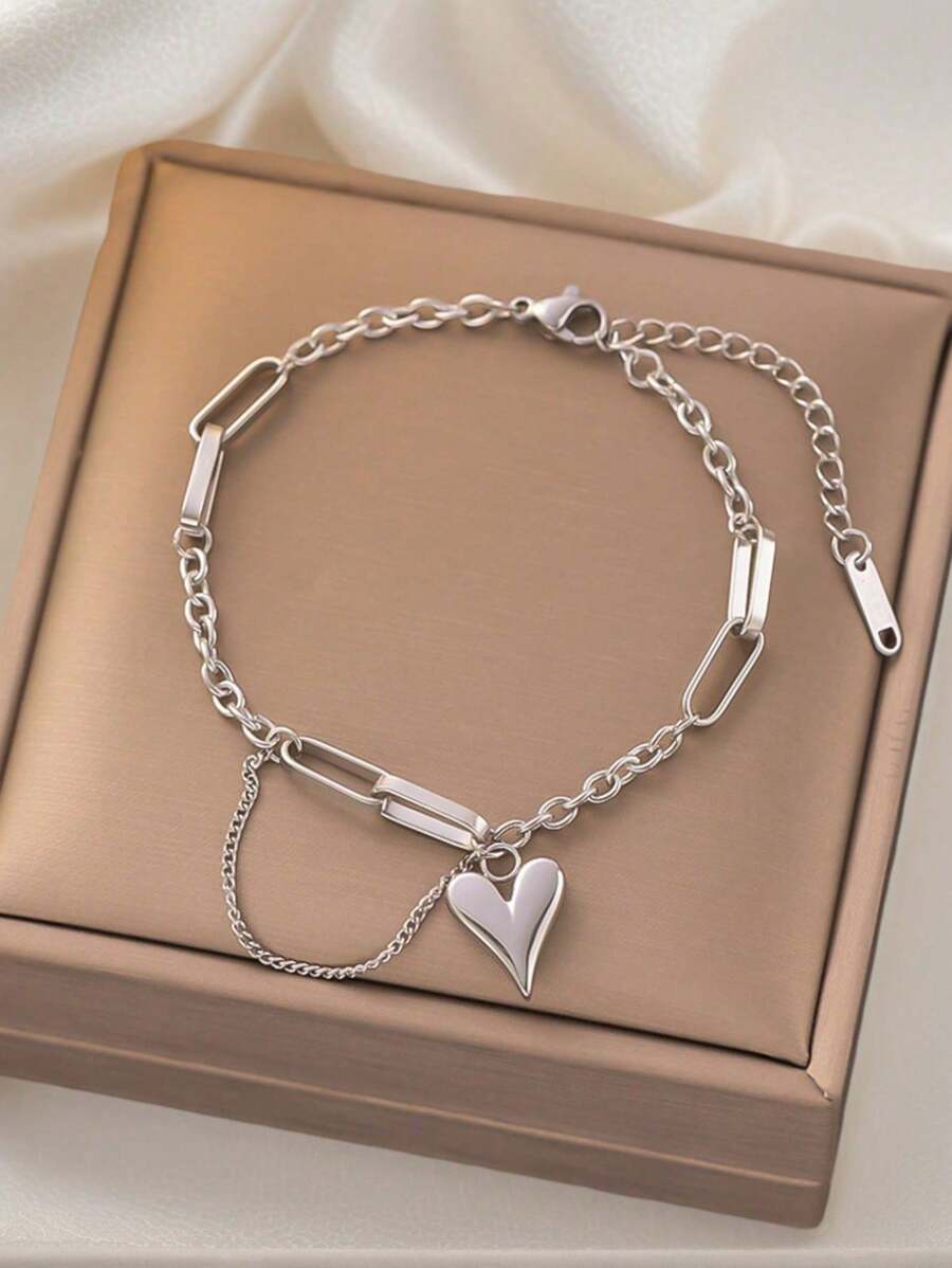 1pc Retro Hip-Hop Heart-Shaped Stainless Steel Bracelet, Fashionable & Casual For Women, Suitable For Daily Wear And Gatherings