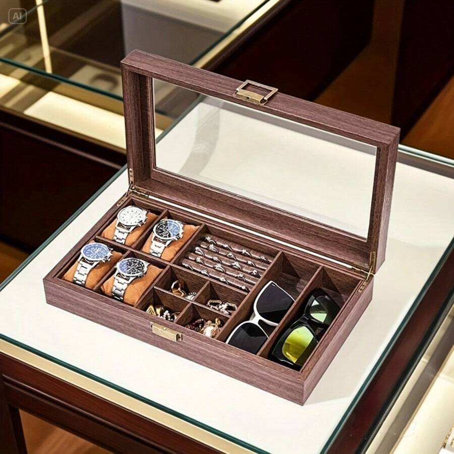 Caja de reloj de madera vintage de tamaño extra grande, caja de joyería con compartimentos para anillos, caja de almacenamiento y exhibición multifuncional para joyería