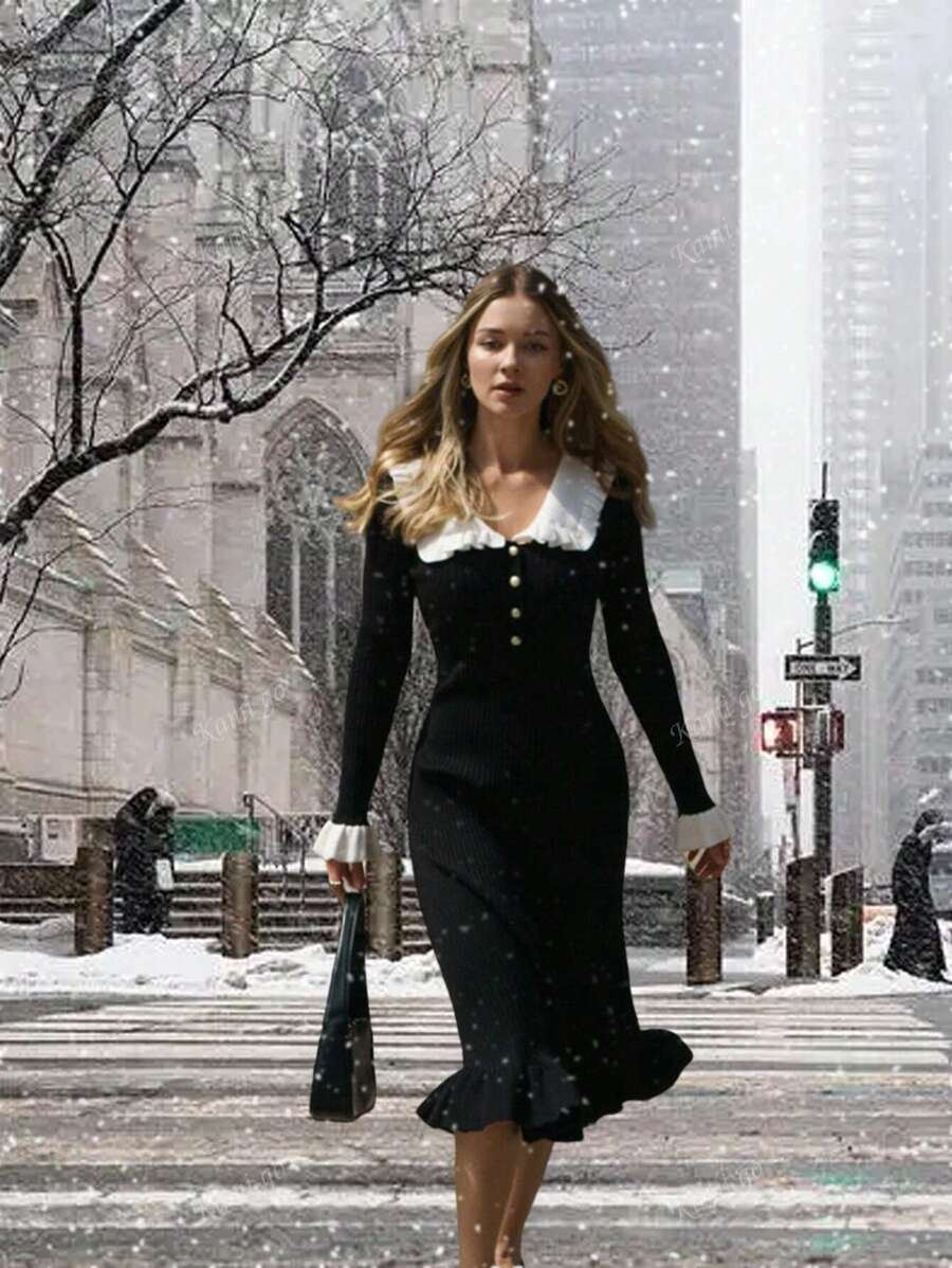 Abito di lana dalla vestibilità slim e alla moda, con colletto abbinato ai colori, maniche a sbuffo, design con bottoni e gonna ampia, stile europeo e americano