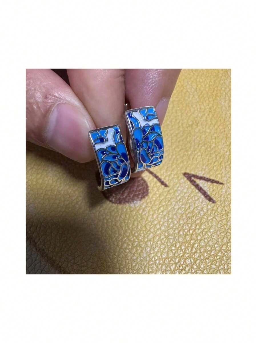 1 Pair Women's Elegant And Luxurious Ceramic Blue Floral Hoop Earrings, Suitable For Daily Wear, Casual Gatherings, Weddings, Anniversaries