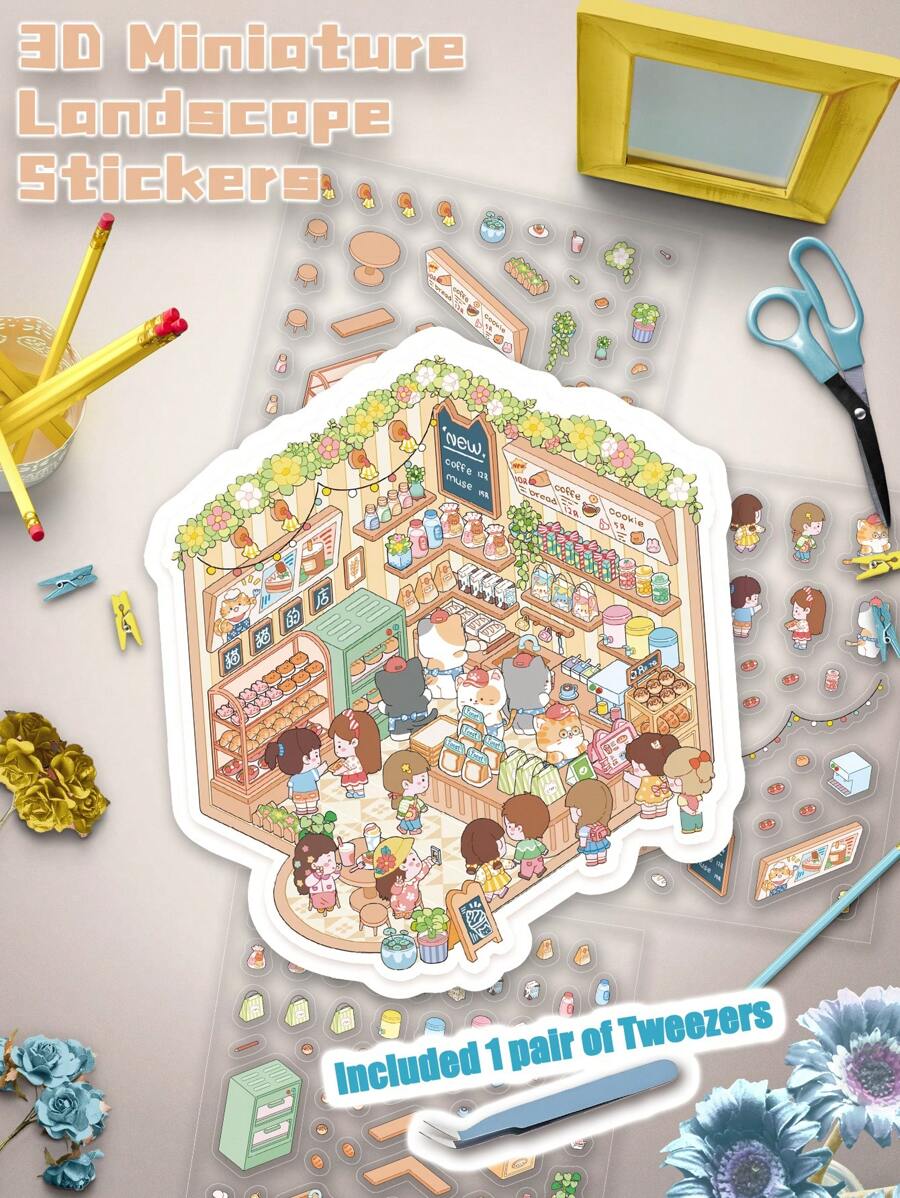 1 Confezione di Adesivi a tema "Negozio dei Gatti", incantevole mondo in miniatura 3D, scena del paesaggio, adesivi trasparenti DIY adatti come regalo per le vacanze, decorazione per la stanza, per il tempo libero, una scelta divertente per ingannare il tempo