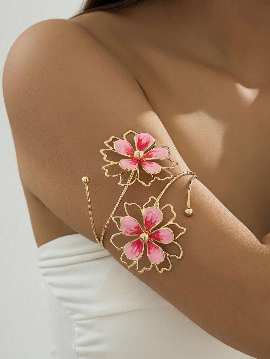 1 Stück Armreif aus Eisen-Legierung mit doppeltem Kopf, emailliert, blumenverziert, einfach, elegant und stilvoll, geeignet als Muttertagsgeschenk, für Partys, Bankette und den täglichen Gebrauch