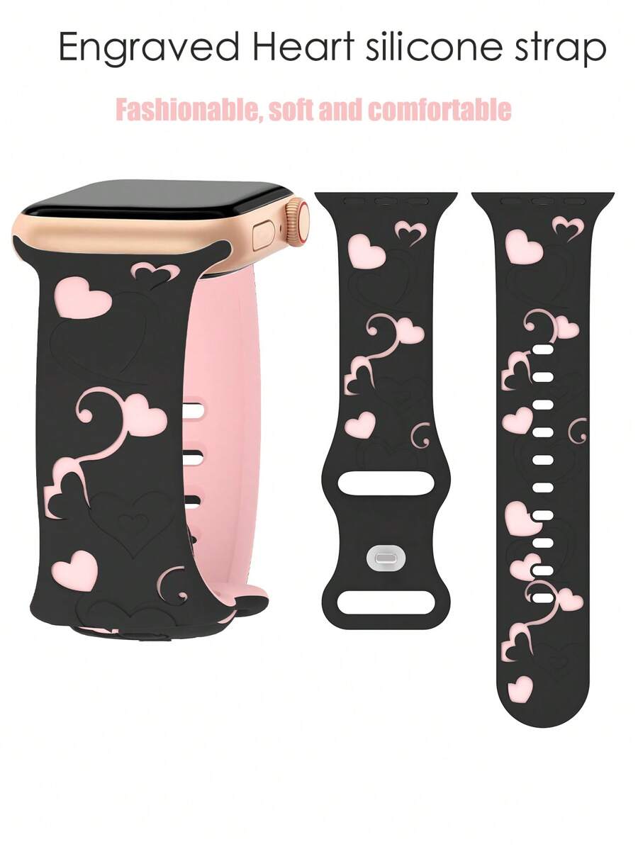 1 PC Compatible With Apple Watch Strap Women Engraved Cute Butterfly Pattern Strap Fashion Soft Sports Silicone Strap Compatible With Apple Watch 38/40/41/42/44/41/45/46/49MM Rivet Buckle Strap Compatible With Apple Watch Series Ultra/10/9/8/7/6/SE/5/4/3 Replacement Strap No Fading Butterfly Element Fashion Strap