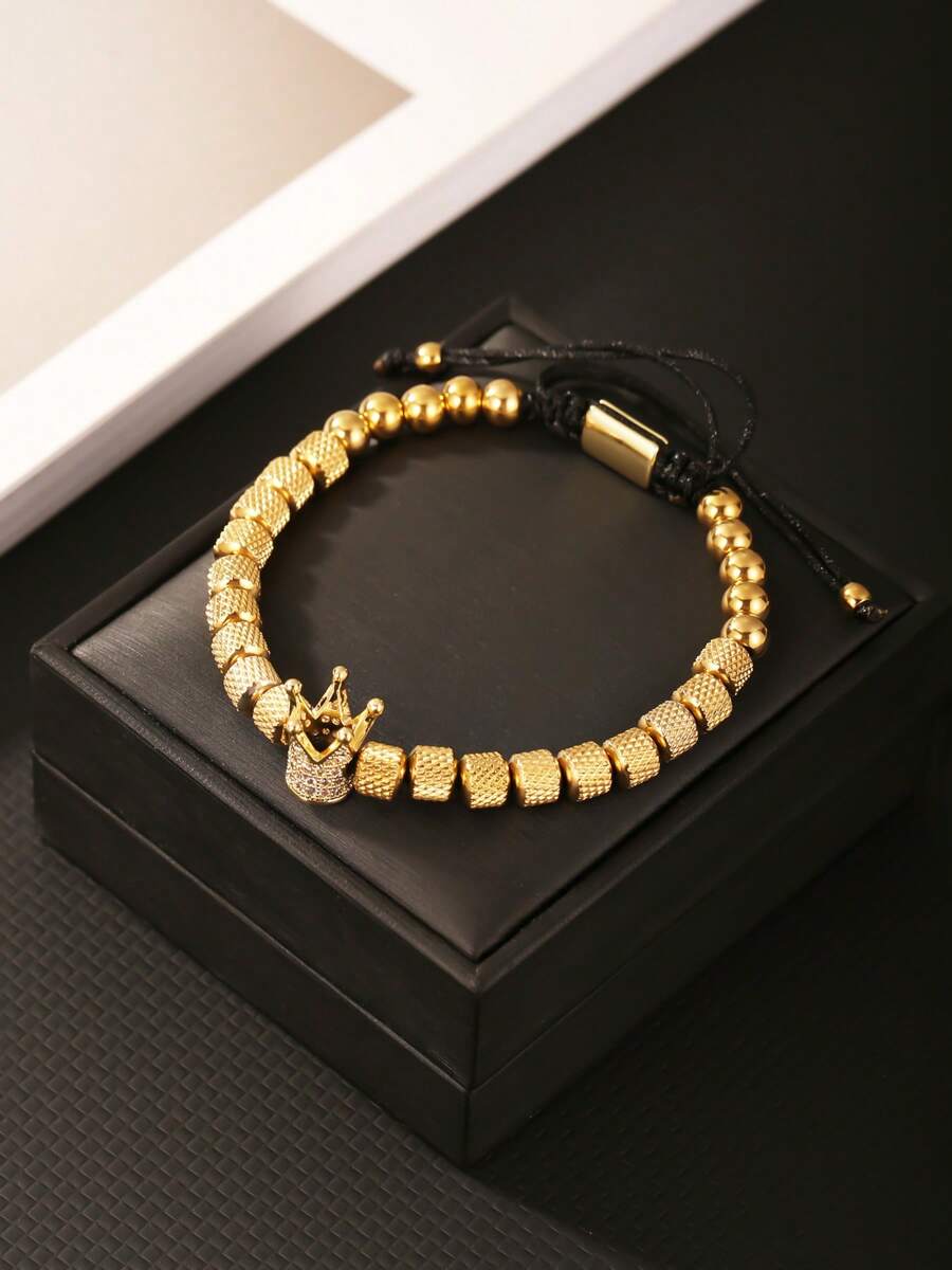 1PC Fashion Luxury Micro Paved Zirconia Crown Charm Bracelet For Man Stainless Steel Pineapple Beaded Bracelet Man Jewelry
