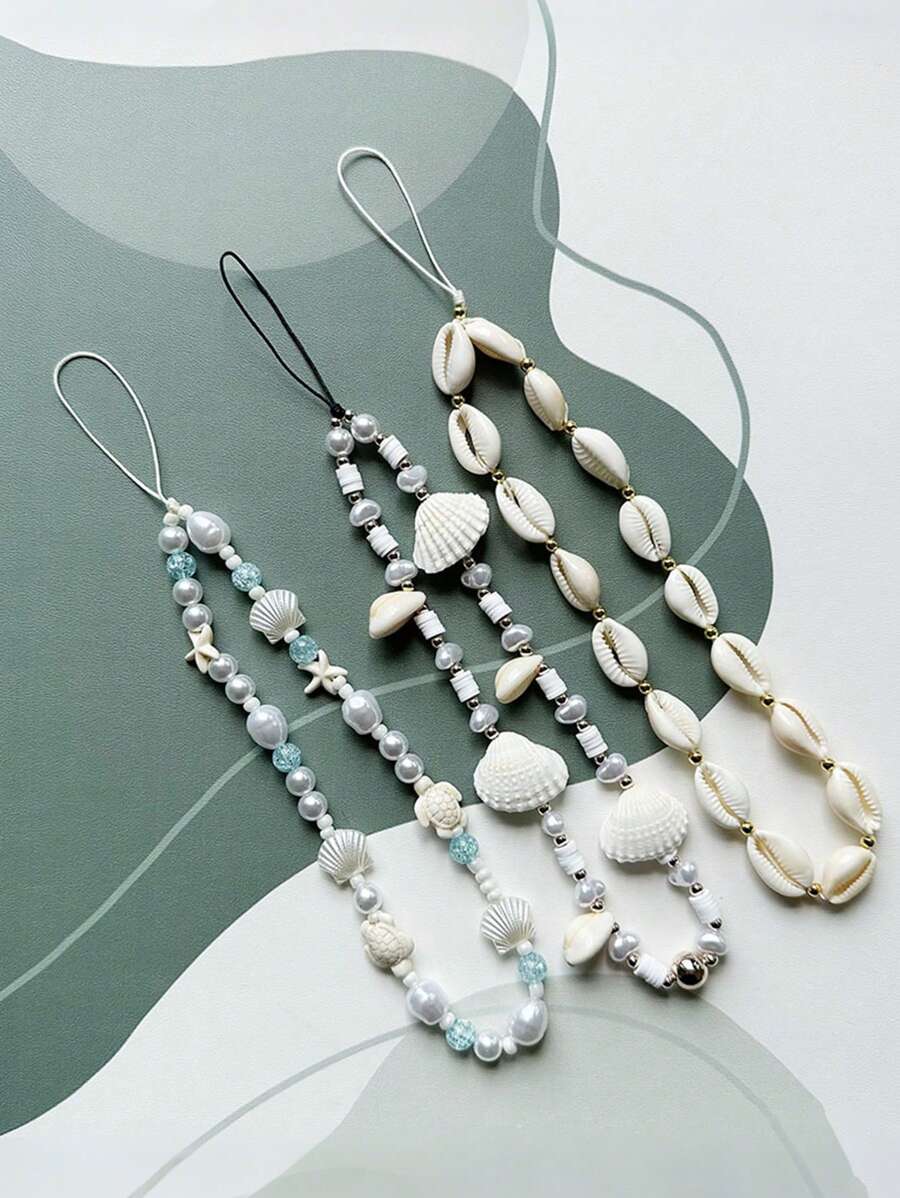 Cadena para teléfono con estilo marino de estrella de mar y concha de tortuga, pulsera decorativa con cuentas, cordón para llavero, ornamento de cordón