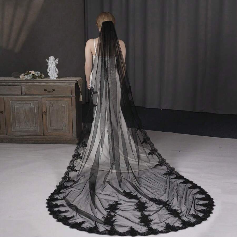 1 Peça Véu Longo Preto para Noiva, Tiara de Noiva com Acabamento em Renda Elegante para Casamento, Festa à Noite, Apresentação