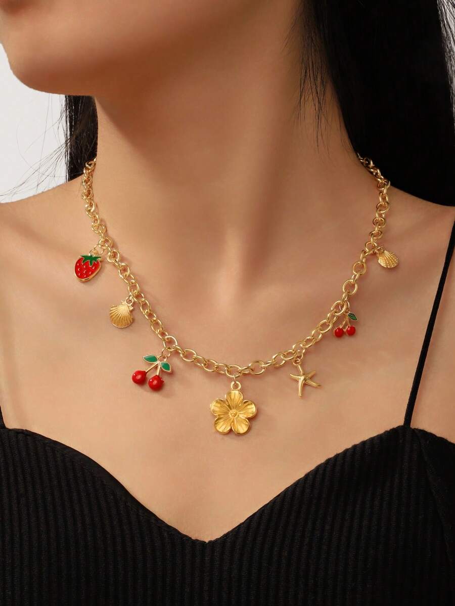 1 pièce Collier pendentif en alliage doré à la mode d'été avec combinaison de fleurs, cerises, fraises, coquillages, étoiles de mer. Convient pour un port quotidien, la plage, les fêtes, les festivals de musique. Longueur de chaîne ajustable.
