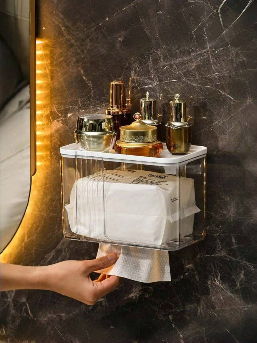 Caja de pañuelos transparente y resistente al agua, soporte montado en la pared para rollo de papel/pañuelos, estante para pañuelos, almacenamiento de pañuelos, caja de pañuelos, caja de pañuelos resistente al agua