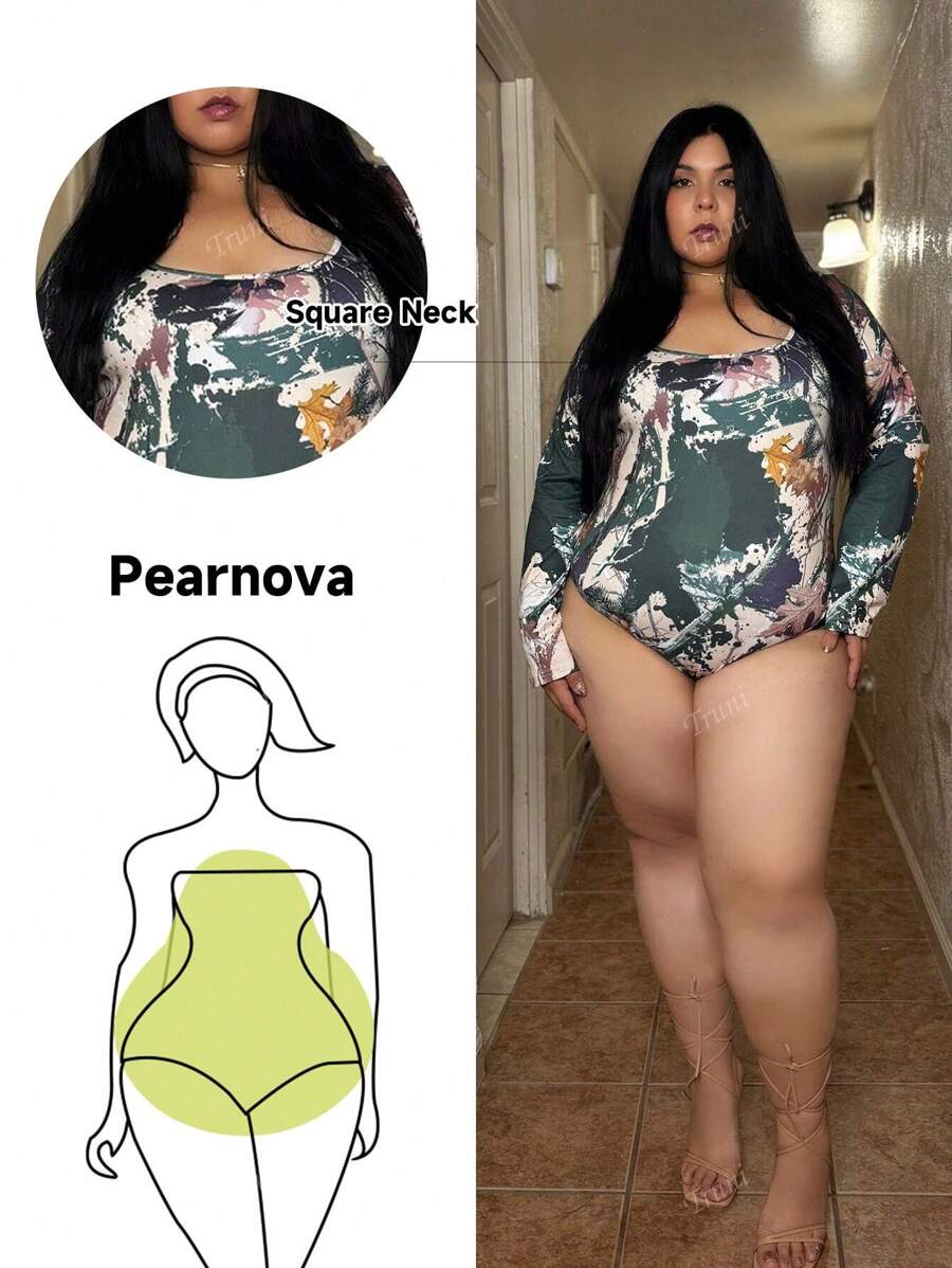 Truni Plus Size Women Square Neck Long Sleeve Camouflage Print Bodysuit, Suitable For Everyday Wear, Music Festival, Concert, Carnival Party, Beach Vacation, Date Night, Birthday, Bachelorette Party Outfit, Club, Cute, Casual, Shopping, Streetwear, Going Out, Flirty, Easy To Match & Looks Slim, Accentuates The Body, Flattering Figure